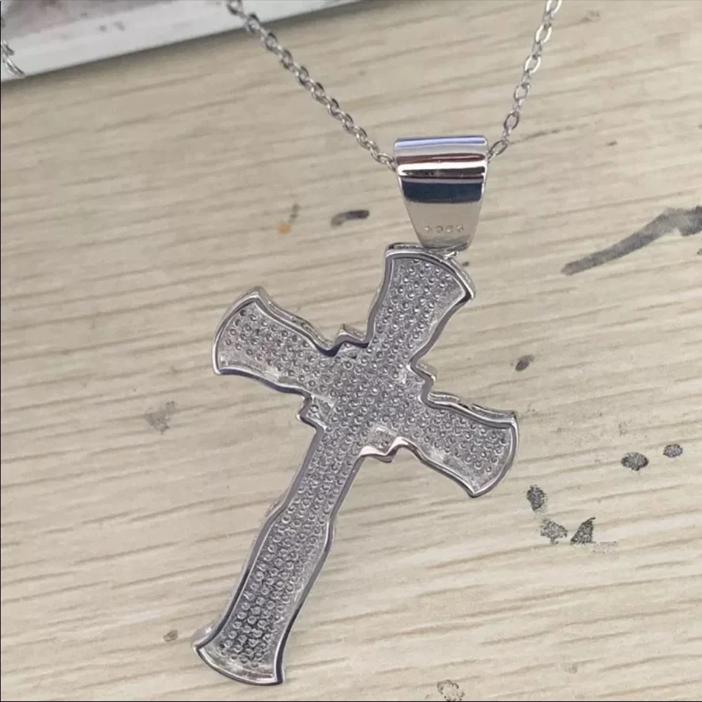 New Luxury 925 Silver Cross Men Women Diamond Necklace - Picture 15 of 16